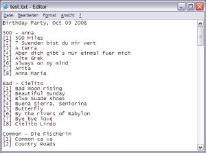 An exported setlist on Windows